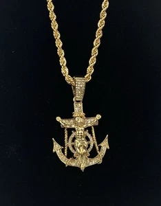 Mariner’s Cross Crucifix CZ 2” Pendant & 24” Rope Chain Necklace Gold Plated - Picture 1 of 3
