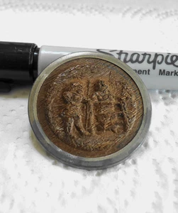 Antique Pressed Wood Picture Button MEETING AT THE FENCE 1 1/4" - Picture 1 of 5