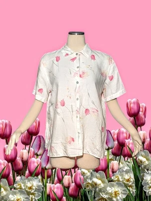 Camisa Top Para Mujer LEMON GRASS Rosa TULIPÁN FLOR MEZCLA DE LINO Abotonada Mediana  Foto 1 de 4