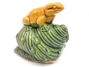 Keramik gelber Frosch sitzend auf Schneckenhaus Statue Figur Vintage 1950er Japan - Bild 1 von 7