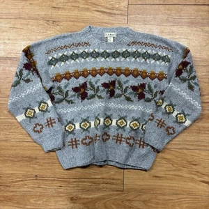 Womens LL Bean Vintage Sweater Gray Floral Flowers Crewneck Knitted Size Medium - Picture 1 of 5