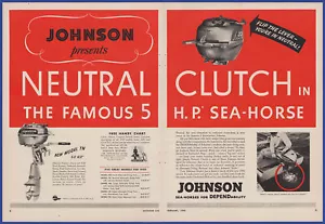 Pubblicità stampa nautica motori fuoribordo frizione neutra JOHNSON Sea-Horse 1950 vintage - Foto 1 di 1