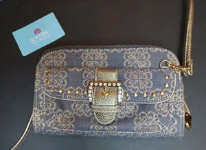 NEW Kathy Van Zeeland Bag Small Brown Metallic Rhinestone Studs Pockets Bling - Picture 1 of 23