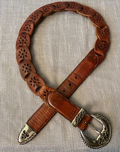 Vintage BRIGHTON Brown LEATHER BELT Silver METAL Buckle Folded Loop Small 27-30" - Picture 1 of 8