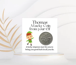Regalo Elfo de Navidad, Moneda de Seis Peniques de la Suerte, Rellenos de Caja Personalizados de Nochebuena - Imagen 1 de 2