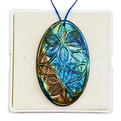 105 Cts Natural Carved Labradorit​e 51x32mm Oval Drilled Flashy Loose Gemstone - image 1 of 4