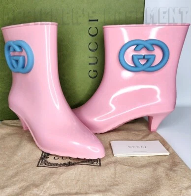 GUCCI 37 Rosa GENE Azul Enclavamiento G Logo G Goma Tobillo BOTAS DE LLUVIA Botines Nuevos en Caja Foto 1 de 4