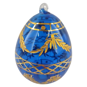 Ornamento uovo vetro blu zaffiro soffiato a mano con disegno foglia oro arte artigianale - Foto 1 di 12