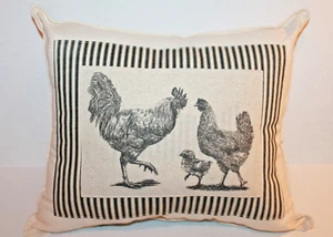 Black Ticking Chickens & Rooster Farmhouse Canvas Throw Pillow Handmade 16 x 16" - Picture 1 of 3