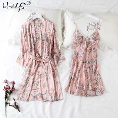 Women Silk Satin Nightdress Sexy Lace Print Robe Dress Sleepwear Kimono Gown Set - Image 1 of 2