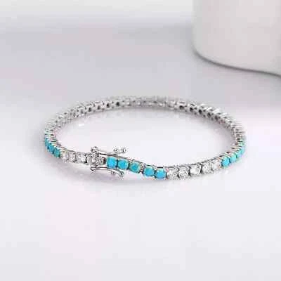 10Ct Turquoise Lab-Created Diamond Tennis Bracelet 14K Yellow Gold Plated 7” - Image 1 of 4