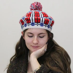 Vintage 60s Colorful Knit Beret Pom Pom Tam - Picture 1 of 5