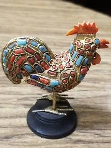 Antique Vintage Tibetan Imperial Rooster Turquoise And Coral On Brass Figurines - Picture 1 of 9