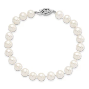925 Sterling Silver 7mm White Round Freshwater Cultured Pearl Chain Bracelet - Picture 1 of 12