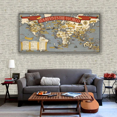 Fabric Print Canvas Poster Vintage Tea Revives World Map Bar Cafe Wall Decor S02 - Image 1 of 4