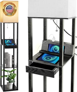 Floor Lamp with Shelves, LED Shelf Floor Lamp with Wireless Charger & 2 Chargin - Picture 1 of 7
