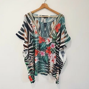 Seven Sisters SIzE L Tropical Print Stretch Mesh Sheer Kaftan SANTRO Top Blouse - Picture 1 of 9