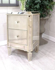 Gold Edge Aged Mirrored Glass 2 Drawer Large Bedside Lamp Table - Picture 1 of 2