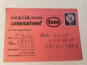 1961 Postcard Highway ESSO Servicenter,Paterson, NJ, ESSO OIL Change REMINDER - Picture 1 of 2