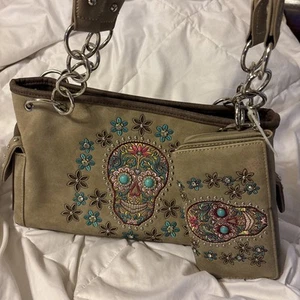 Montana West Sugar Skull Concealed Carry Satchel Tan Beige With Matching Wallet - Picture 1 of 15