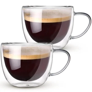 Double Walled Glass Coffee Mugs Set of 2 8 oz Hand Blown Insulated with Handle - Picture 1 of 7