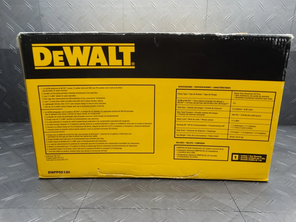 Dewalt 2.5Gal Portable Electric Heavy Duty 200PSI Quiet Air Compressor DWFP55130 - Image 1 of 4