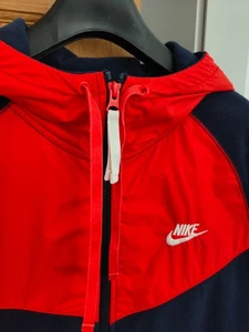 Nike Fleece Jacket Hooded Size M Blue & Red Full Zip Up Pockets - Picture 1 of 6