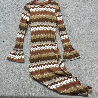 Vestido En Season Mujer S Marrón Rayas Midi Años 70 Estilo Retro Chevron Manga Campana Foto 1 de 4