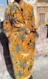 Luxurious viscose Velvet Kimono Yellow Print Long Soft Bridel Nightwear Gown 50" - Picture 1 of 6