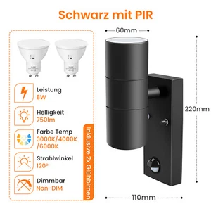 Edelstahl LED Außenleuchte Wandlampe Bewegungsmelder Up&Down Außen Wandleuchte - Bild 1 von 31
