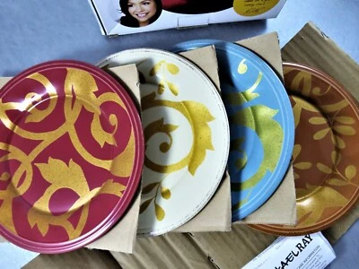 Rachael Ray Stoneware Salad Plates Gold Scroll 4 Pc Set 8 Inch Each Unique Color - Image 1 of 4
