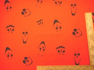 Cotton Fabric 1 Yard Black Halloween Pumpkin Faces on Orange Vtg - Picture 1 of 2