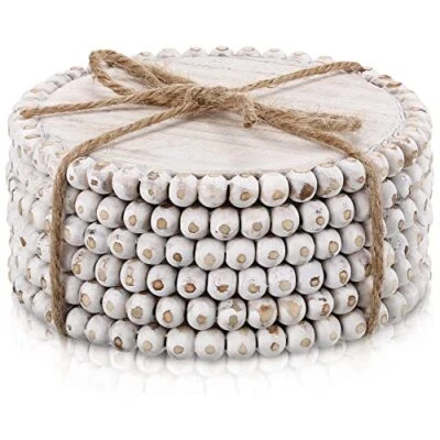 6 Pcs Beaded Wood Coasters Sets 3.94 Inches Round Beaded Coasters White - Image 1 of 4
