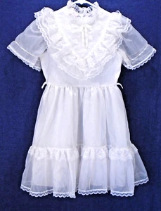 Vintage Merry Girl Party Dress White Lace Ruffles Communion Union Label USA 8 - Picture 1 of 5