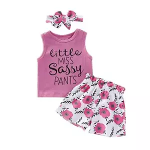 Toddler Girl Outfits Flower Tops Sleeveless Vest Shorts Headband Summer Cloth... - Picture 1 of 7