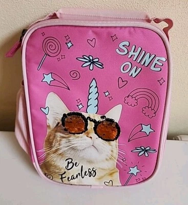 Thermal Insulated Lunch Bag Fit + Fresh Unicorn Cat w Sequin Glasses 'SHINE ON' - Image 1 of 3