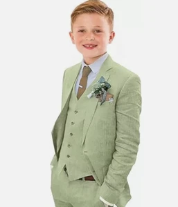 Boys Linen Suit Slim Fit 3 Piece Summer Beach Wedding Suit Kids Linen Suits Set - Picture 1 of 1