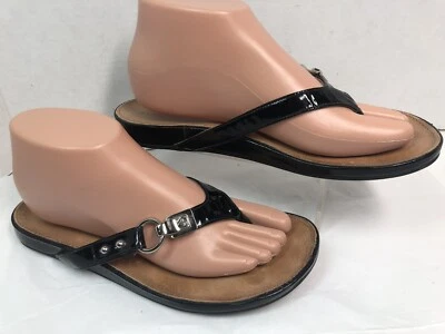 Sandálias tanga Antonio Melani feminina tamanho 7,5 M preto alças de couro envernizado #N - Imagem 1 de 4