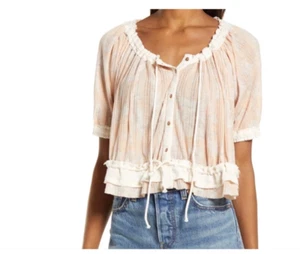 Free People Perfect Day Ribbed Ruffle Top Neutral Combo Size S 0078 - Picture 1 of 2