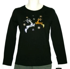 Camisa Mercer Top Negra Embellecida Reno Cuello Redondo Mangas Largas Talla S Nueva con Etiquetas - Imagen 1 de 3