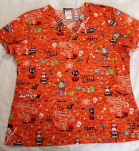 Cherokee Halloween Scrub Top XL Orange Witch Skeleton Mummy Spider CK616 V Neck - Picture 1 of 8