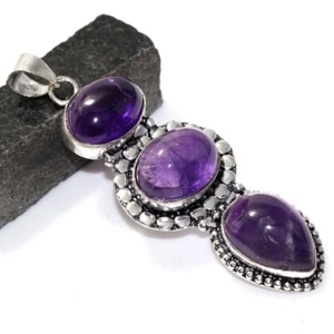 Natural Amethyst 925 Silver Plated Long Pendant 2.7" Handcrafted Gift GW - Picture 1 of 3