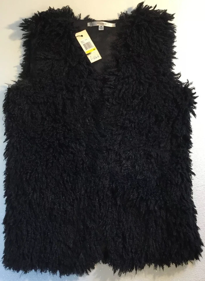 NUEVO STUDIO M Mujer Negro Pestañas Piel Chaleco Medio Tejido Vestido Flecos Chaqueta Abrigo Foto 1 de 4