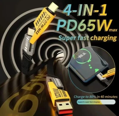 4 in 1 USB Fast Charging Cable Dual Type C PD 27W 65W Charger Data Cord for iOS - Image 1 of 4