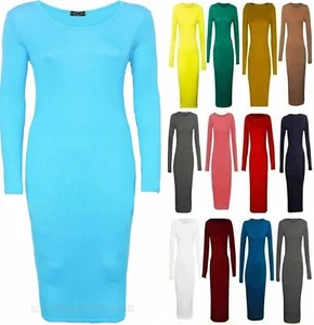 Damen Langarm Stretch Bodycon Damen Uni Jersey MAXI Midi KLEID - Bild 1 von 21