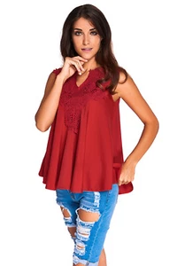 Women Wine Red Embroidered Sleeveless Tank Baby Doll Solid Blouse Tee Shirt Top - Bild 1 von 5