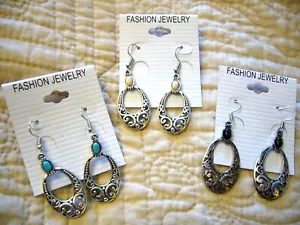 Women's Earrings w/ Semiprecious Stones Antique Hoops Ladies Fashion jewelry - Picture 1 of 13