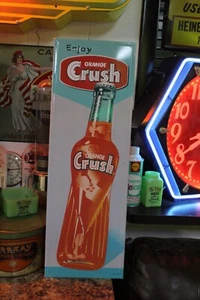 RARE ENJOY ORANGE CRUSH SODA POP VERTICAL EMBOSSED METAL SIGN BOTTLE STORE GAS - Picture 1 of 17