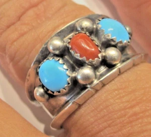 STERLING SILVER NAVAJO ZUNI NEEDLEPOINT BAND RING TURQUOISE SIZE U - Picture 1 of 2