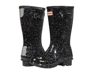 HUNTER KIDS GIRLS ORIGINAL GIANT GLITTER BOOTS BLACK SIZE UK 2 NWB - Picture 1 of 4